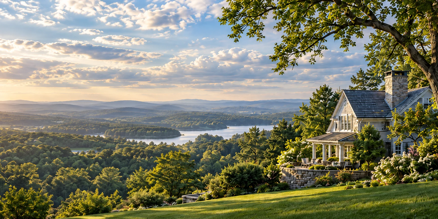 A welcoming home beneath mature oak trees, overlooking wooded hills and a lake.