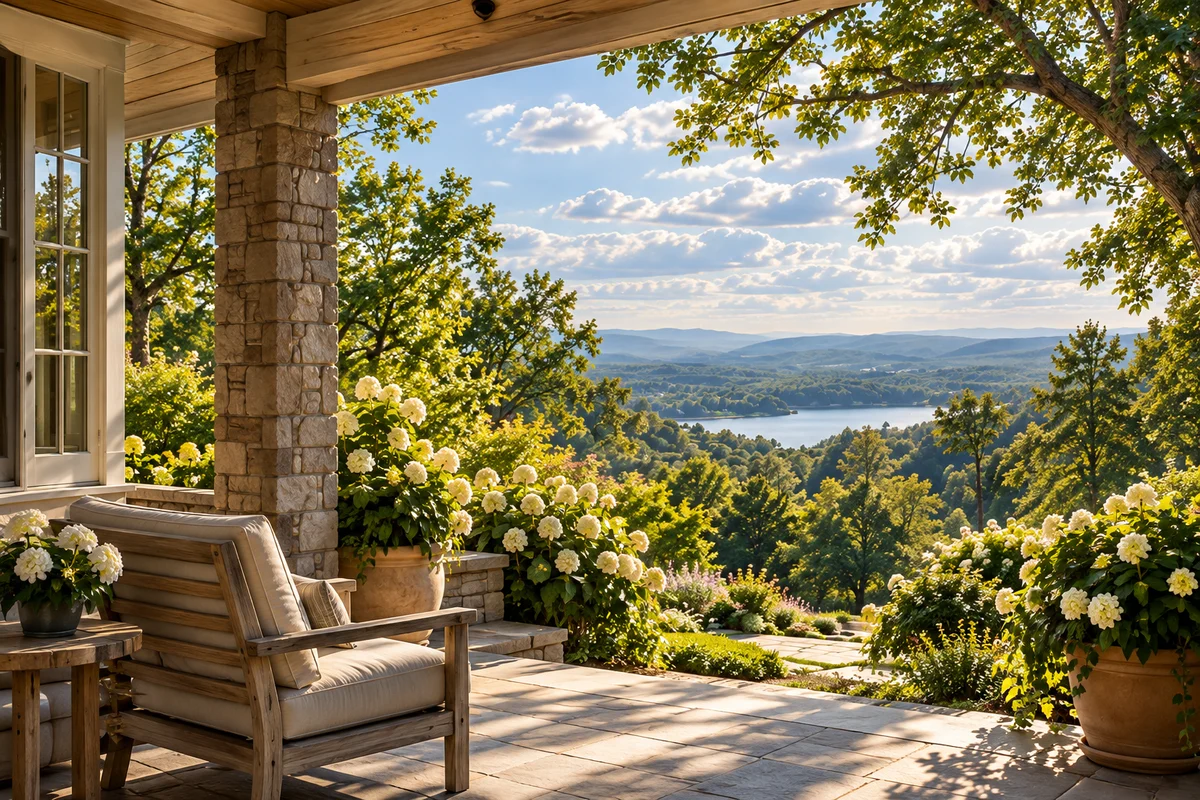 A shaded stone porch opening onto a garden and distant hills.